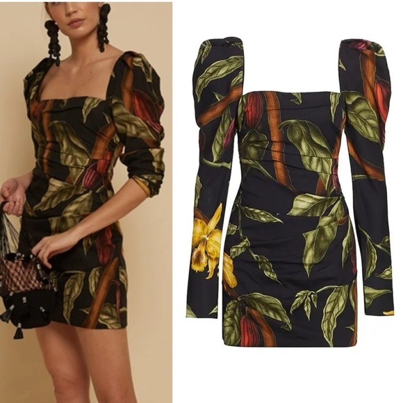 Johanna Ortiz GATHERING NATURE RUCHED FLORAL-PRINT TENCEL MINI DRESS IN BLACK 10
